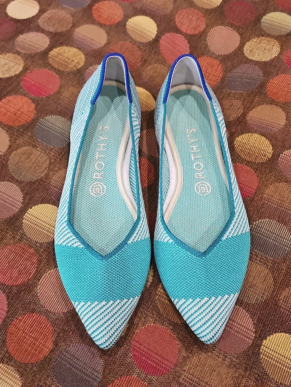 Rothy's The Point flats in a teal and white striped "Calypso" colorway-Retired
